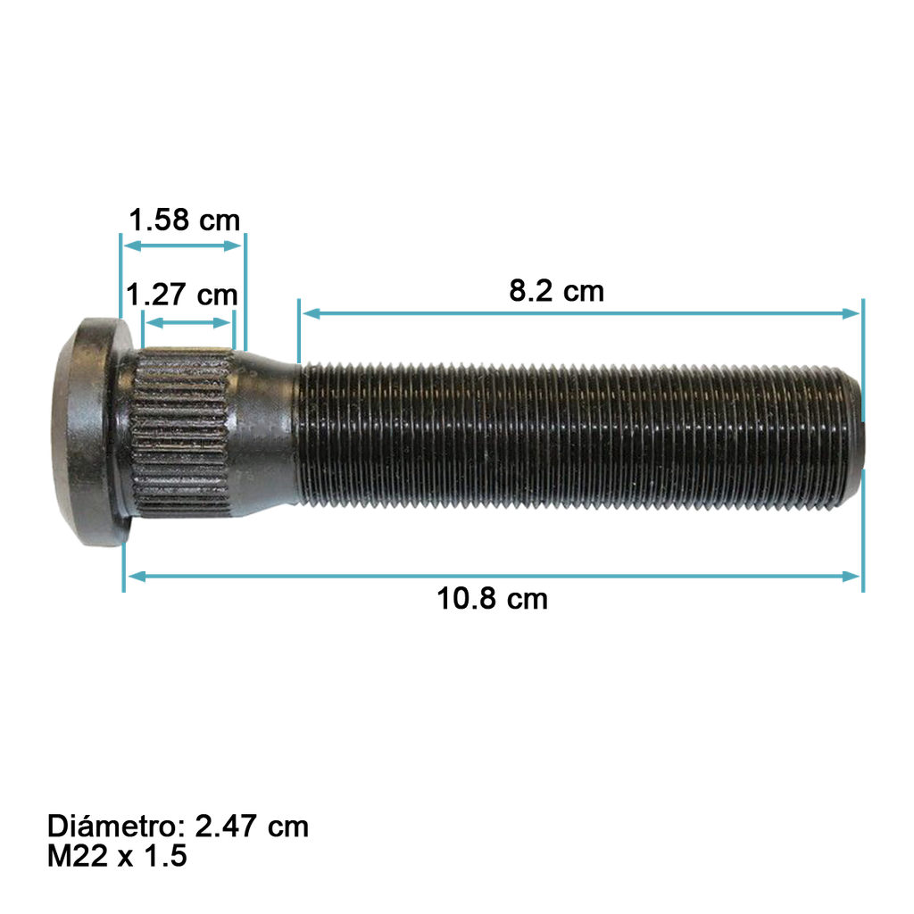 Perno M22x1.5 Log 4.25&quot; Log hilo 3.25&quot;